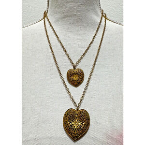 Miriam Haskell Double Heart Filigree Pendant Chain Necklace Signed READ Brass